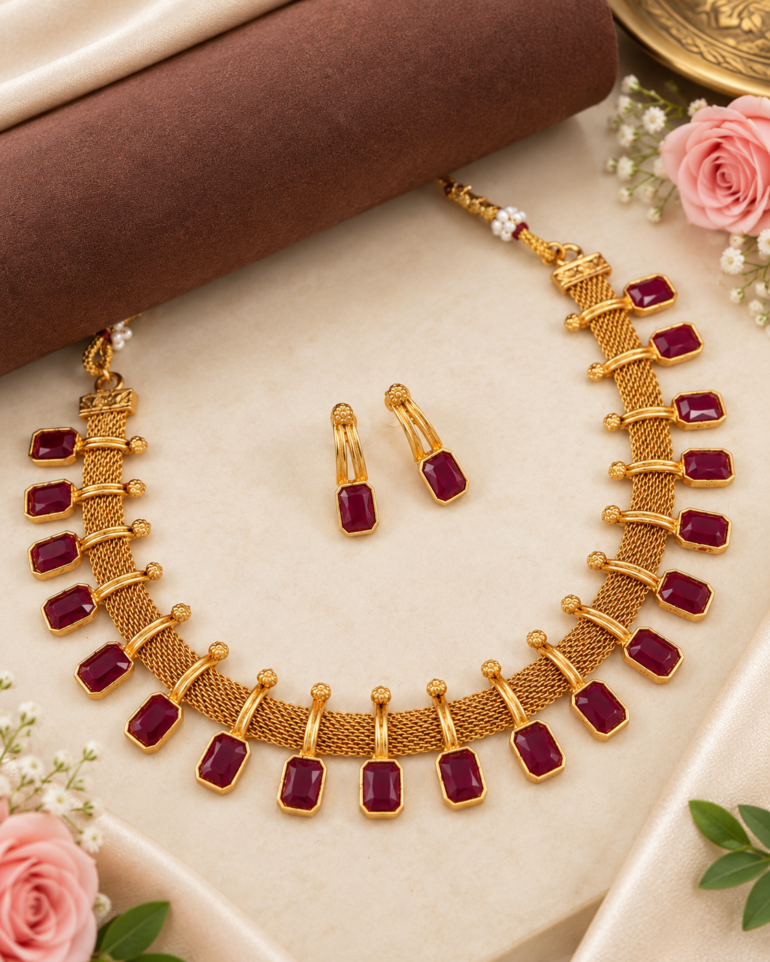 Gold Mesh Work Temple Necklace with Ruby Accents